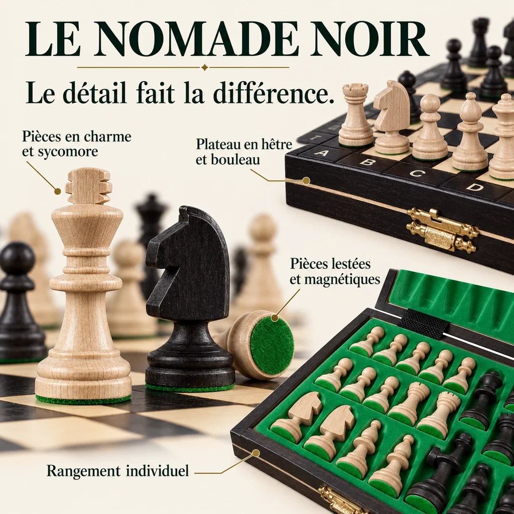 Jeu d’échecs Le Nomade noir magnétique — gros plans des matières, des finitions et du rangement