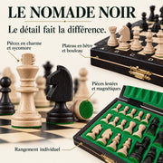 Jeu d’échecs Le Nomade noir magnétique — gros plans des matières, des finitions et du rangement