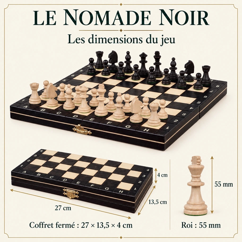 Jeu d’échecs Le Nomade noir magnétique — dimensions vérifiées du modèle