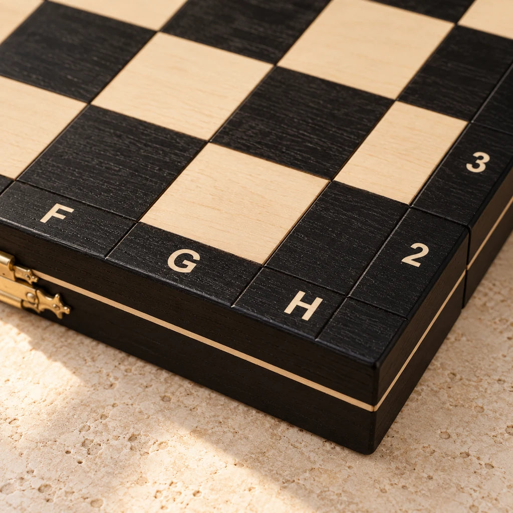 Jeu d’échecs Le Nomade noir — détail du bois et du décor