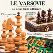 Jeu d’échecs Le Varsovie en merisier — gros plans des matières, des finitions et du rangement