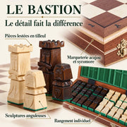 Jeu d’échecs Le Bastion marqueté — gros plans des matières, des finitions et du rangement
