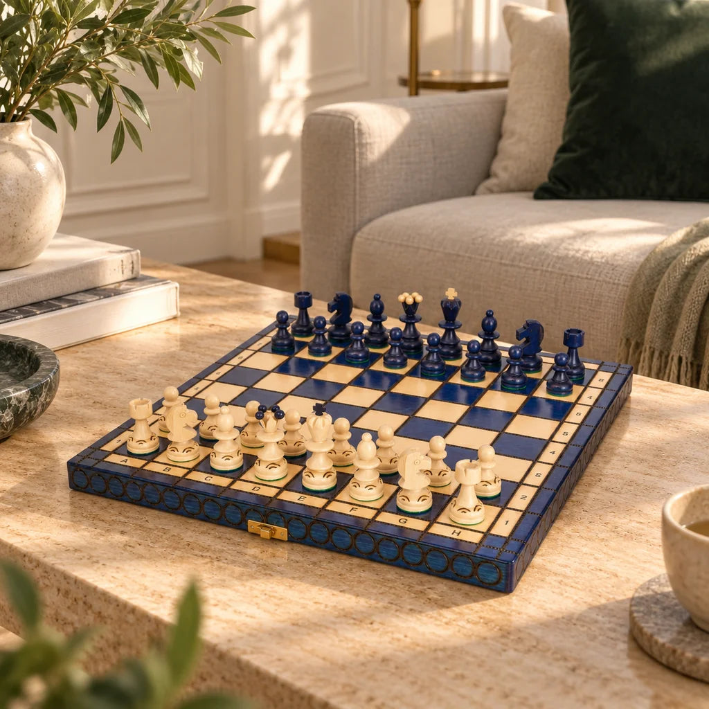 Jeu d’échecs L’Opaline — mis en scène dans un salon