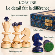 Jeu d’échecs L’Opaline en bois — gros plans des matières, des finitions et du rangement