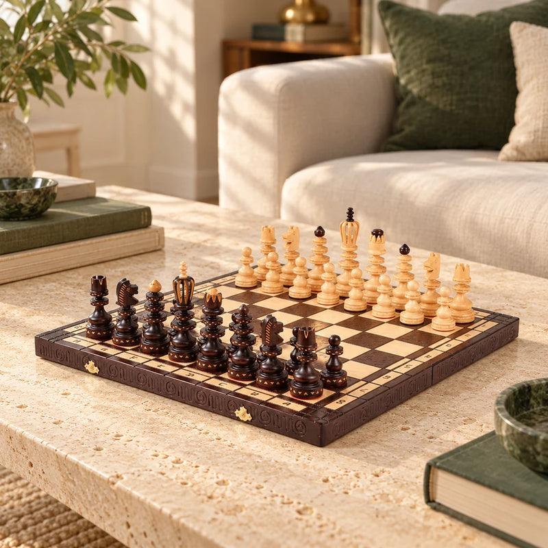 Jeu d’échecs L’Empereur — mis en scène dans un salon