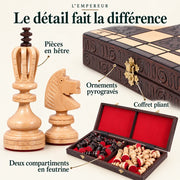 Jeu d’échecs L’Empereur en bois sculpté — gros plans des matières, des finitions et du rangement