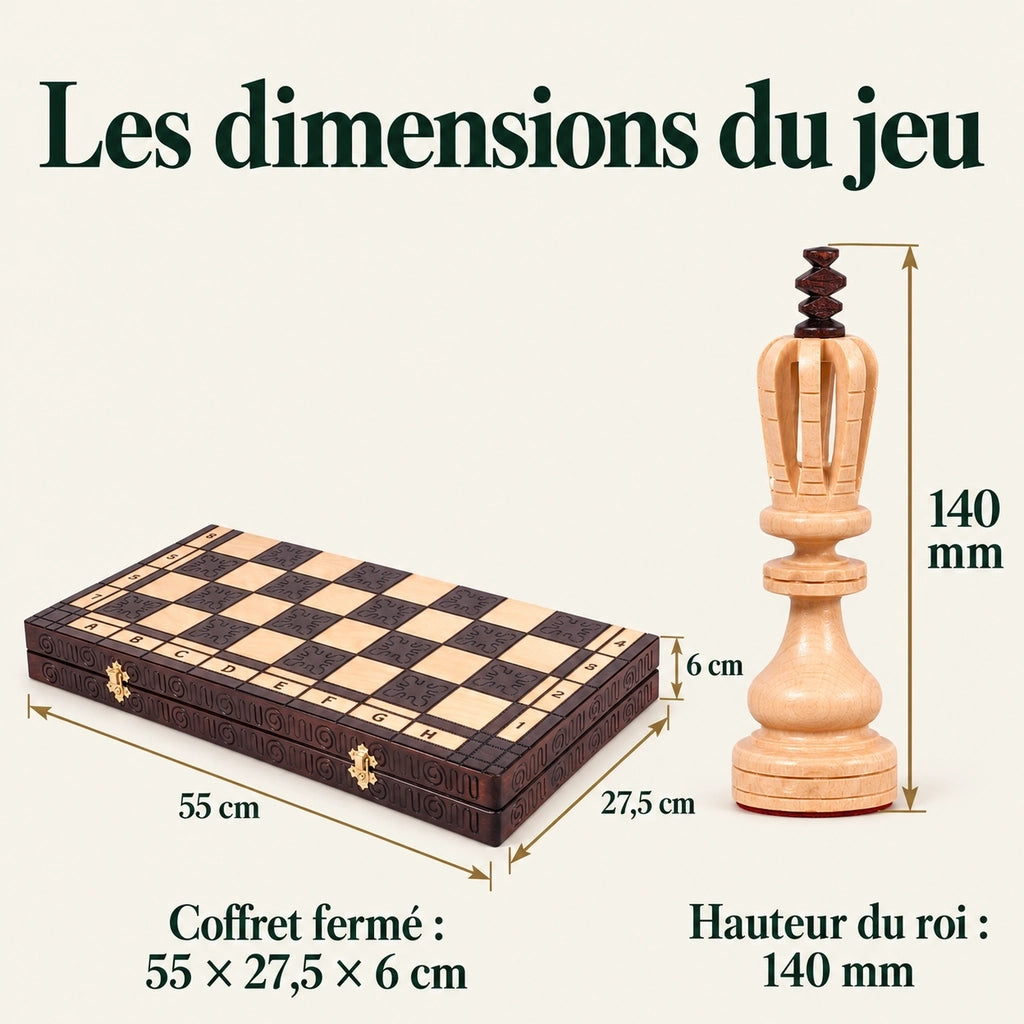 Jeu d’échecs L’Empereur en bois sculpté — dimensions vérifiées du modèle