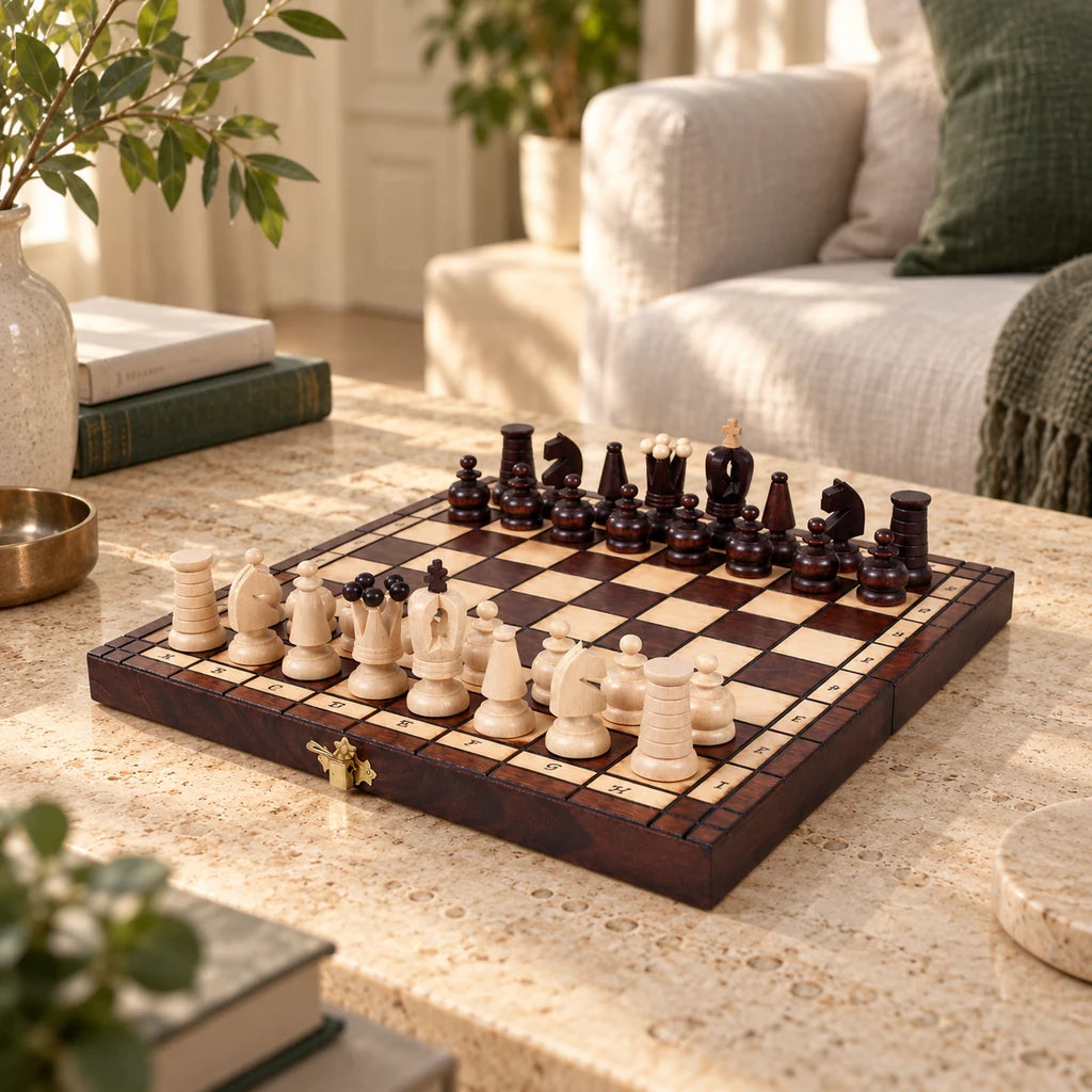 Jeu d’échecs Le Trianon — mis en scène dans un salon