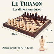Jeu d’échecs Le Trianon en bois pyrogravé — dimensions vérifiées du modèle