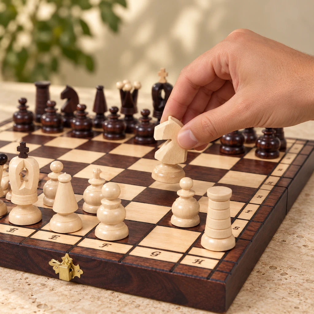 Jeu d’échecs Le Trianon — une main déplace une pièce