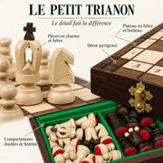 Jeu d’échecs Le Petit Trianon en bois — gros plans des matières, des finitions et du rangement