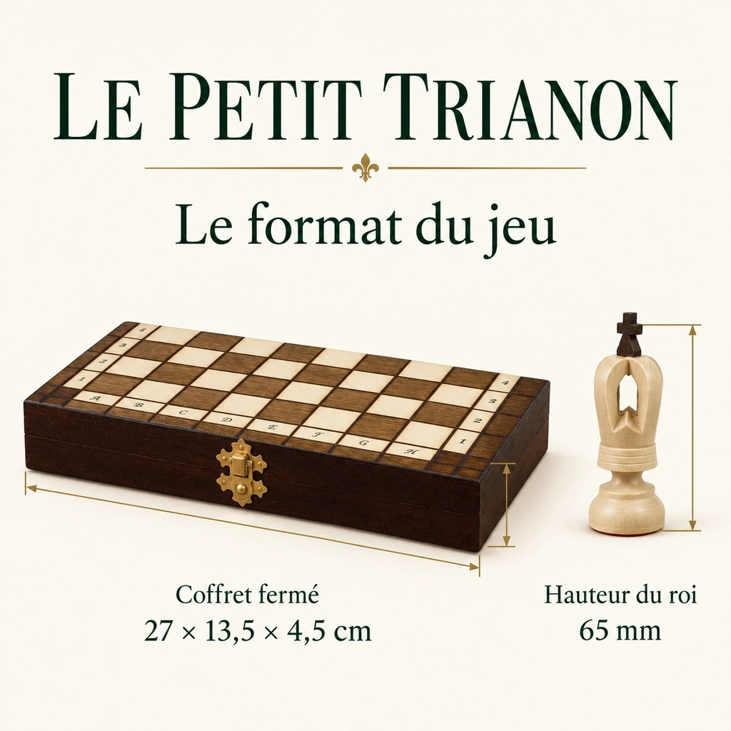 Jeu d’échecs Le Petit Trianon en bois — dimensions vérifiées du modèle