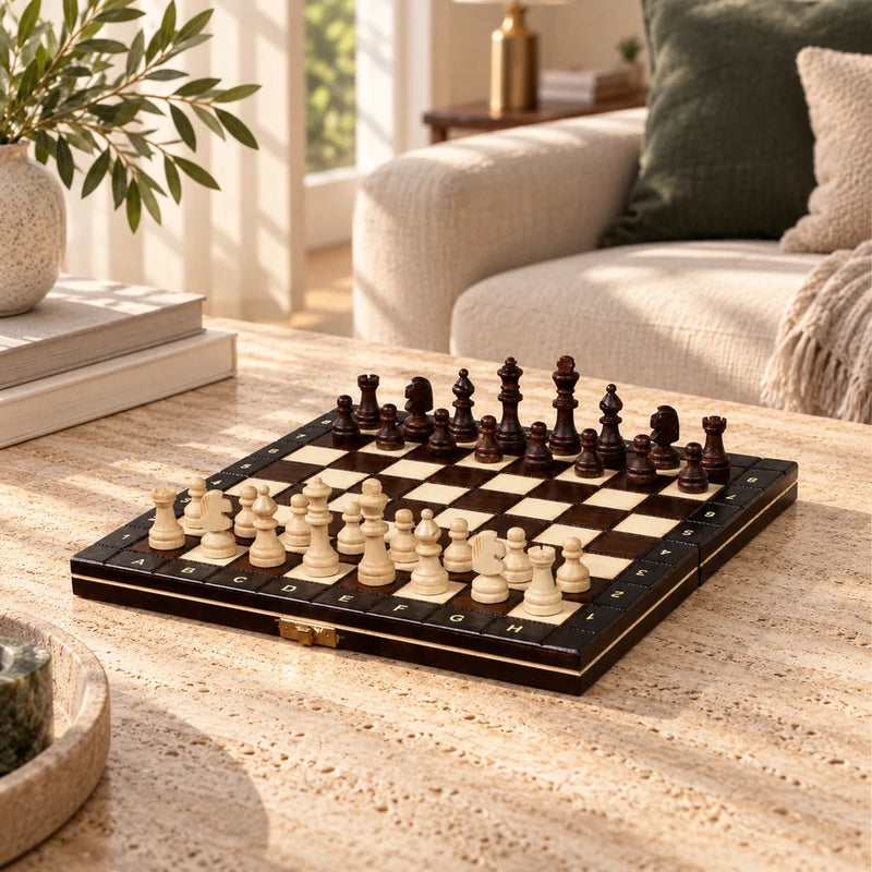 Jeu d’échecs L’Apprenti — mis en scène dans un salon