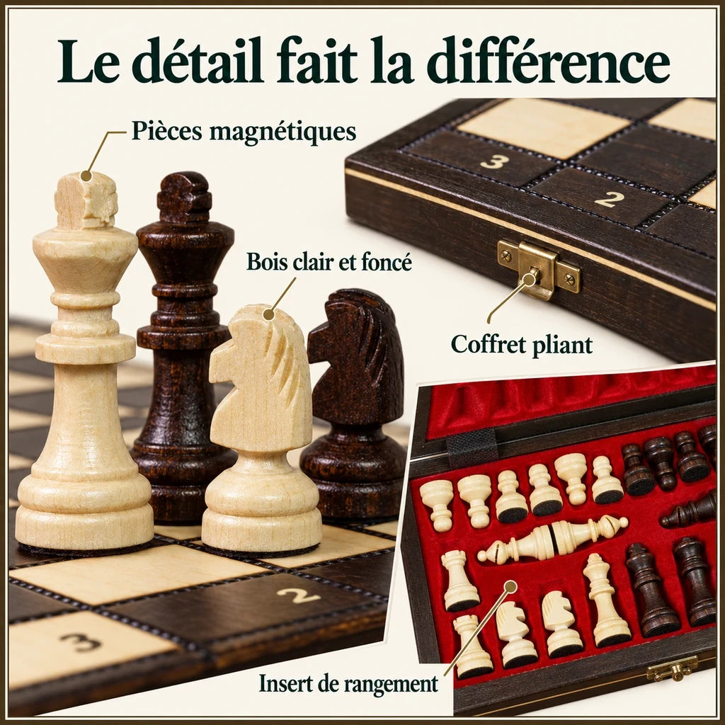 Jeu d’échecs L’Apprenti magnétique en bois — gros plans des matières, des finitions et du rangement