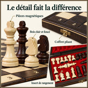 Jeu d’échecs L’Apprenti magnétique en bois — gros plans des matières, des finitions et du rangement