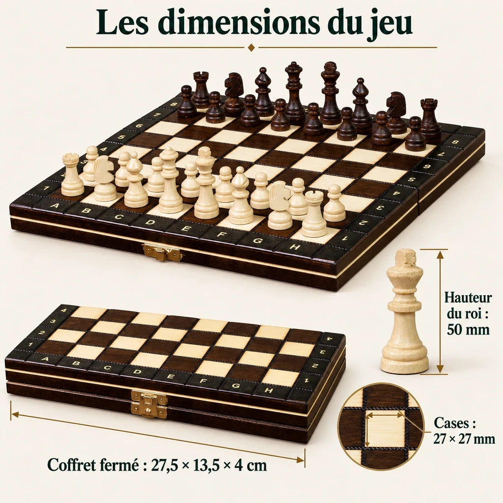 Jeu d’échecs L’Apprenti magnétique en bois — dimensions vérifiées du modèle