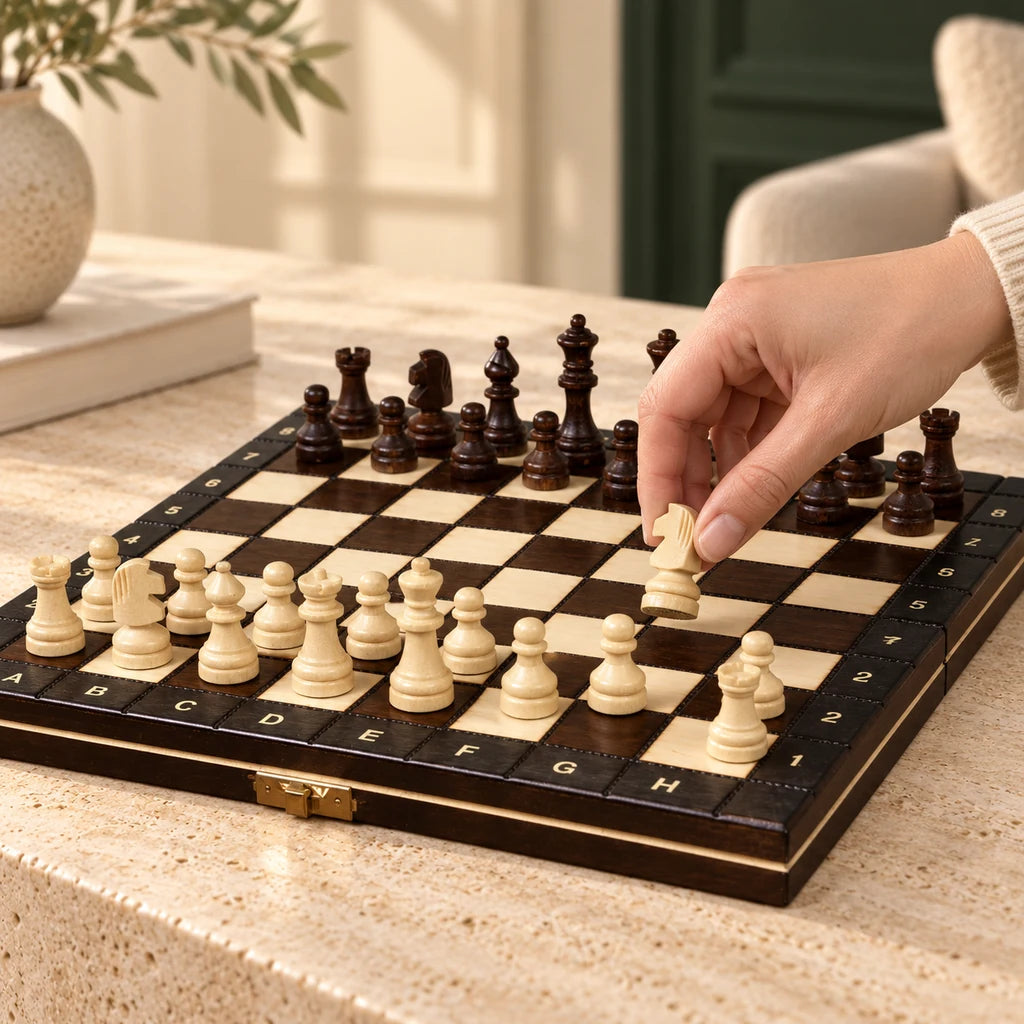 Jeu d’échecs L’Apprenti — une main déplace une pièce