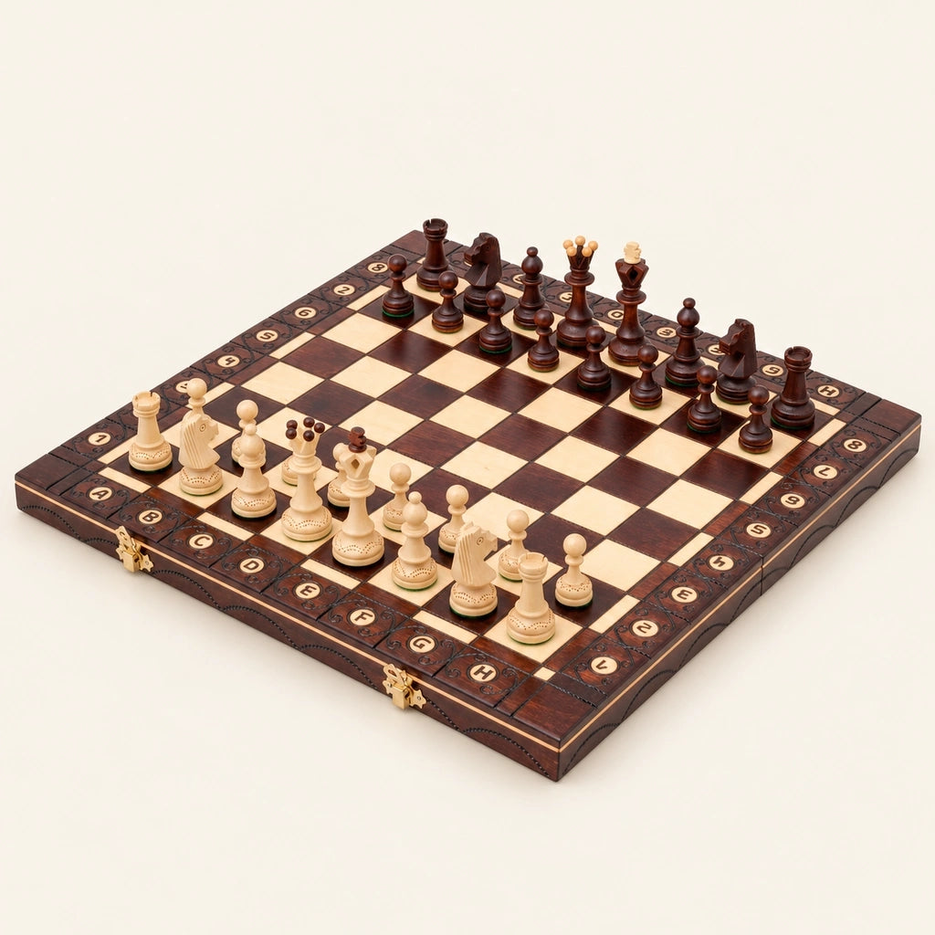 Jeu d’échecs Le Connétable en bois — le jeu complet sur fond crème