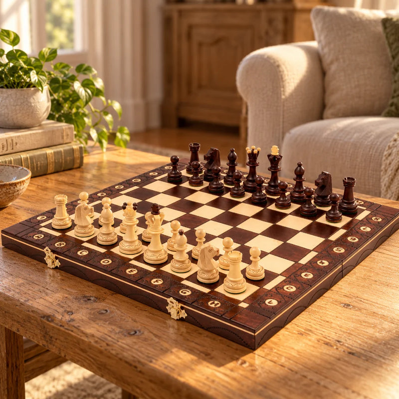 Jeu d’échecs Le Connétable — mis en scène dans un salon