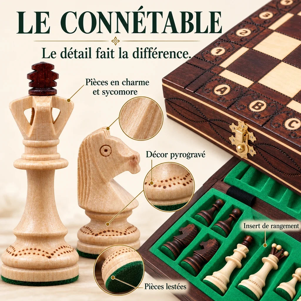 Jeu d’échecs Le Connétable en bois — gros plans des matières, des finitions et du rangement