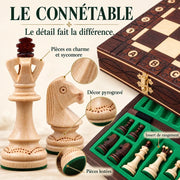Jeu d’échecs Le Connétable en bois — gros plans des matières, des finitions et du rangement