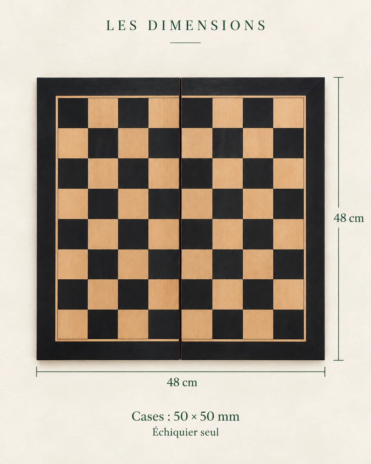 Dimensions vérifiées : plateau 48 × 48 cm, cases de 50 mm