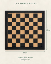Dimensions vérifiées : plateau 48 × 48 cm, cases de 50 mm
