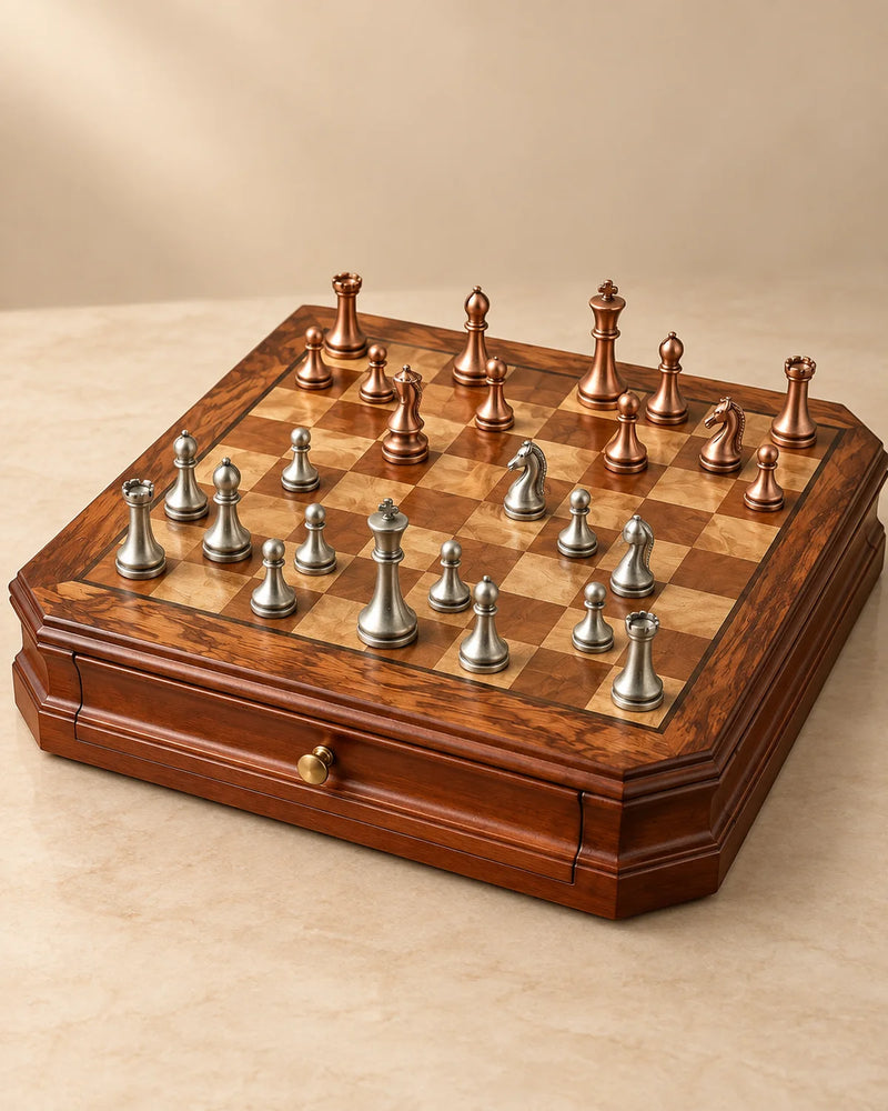 Jeu d’échecs aux finitions cuivrées et argentées — vue 1