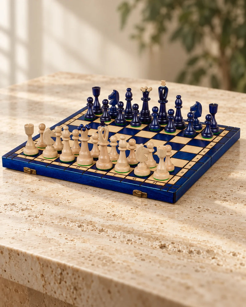 Jeu d’échecs ACE bois avec rangement — le jeu et ses pièces, ambiance premium