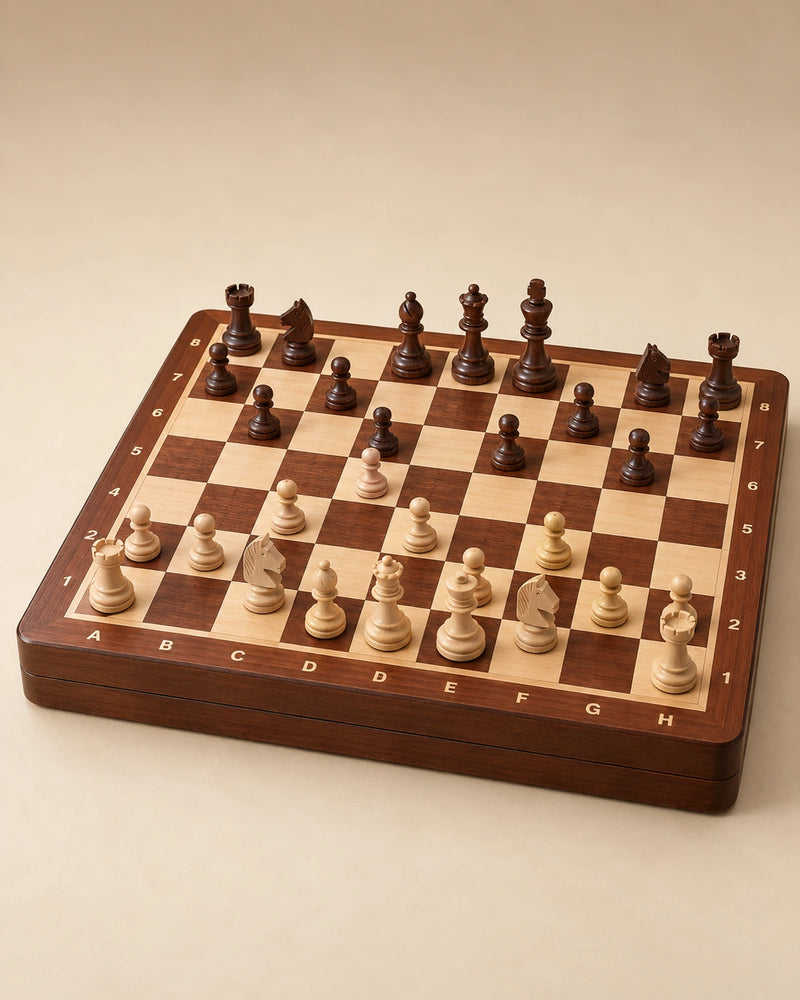 Jeu d’échecs magnétique marqueté — vue d’ensemble