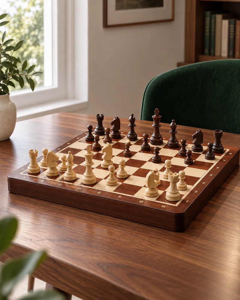 Jeu d’échecs magnétique marqueté — mise en situation