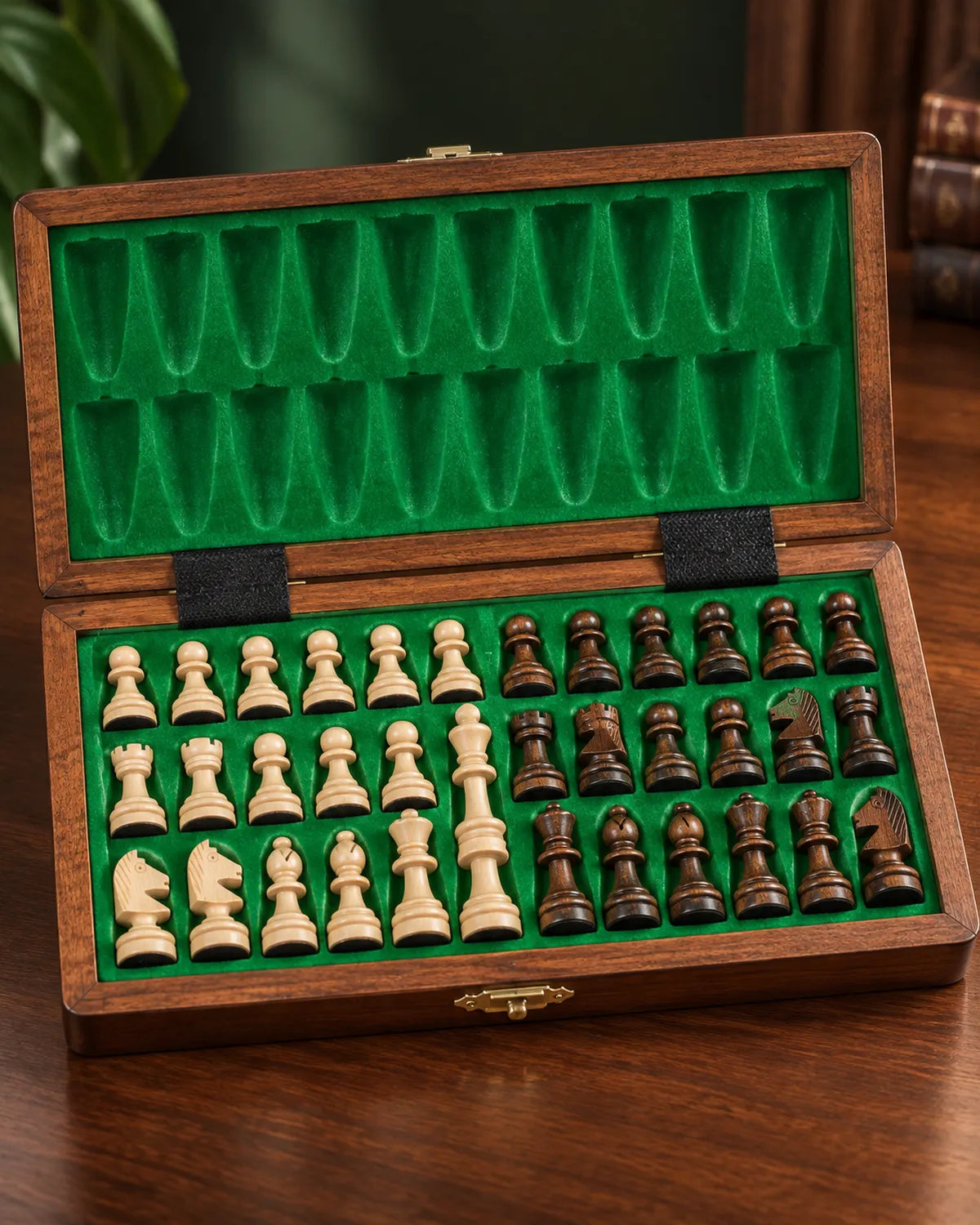 Jeu d’échecs magnétique marqueté — rangement des pièces