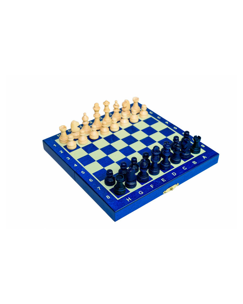 Jeu d’échecs magnétique mini 20 cm bleu — plateau ouvert avec ses pièces, photo fabricant
