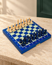 Jeu d’échecs magnétique mini 20 cm bleu — le jeu et ses pièces, ambiance premium