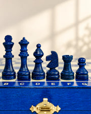Détail des pièces bleues du jeu de voyage