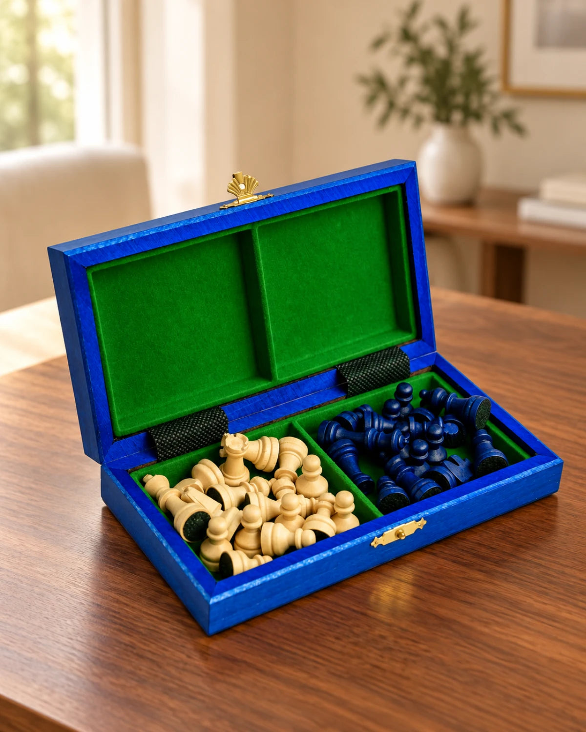 Coffret bleu ouvert avec ses compartiments de rangement