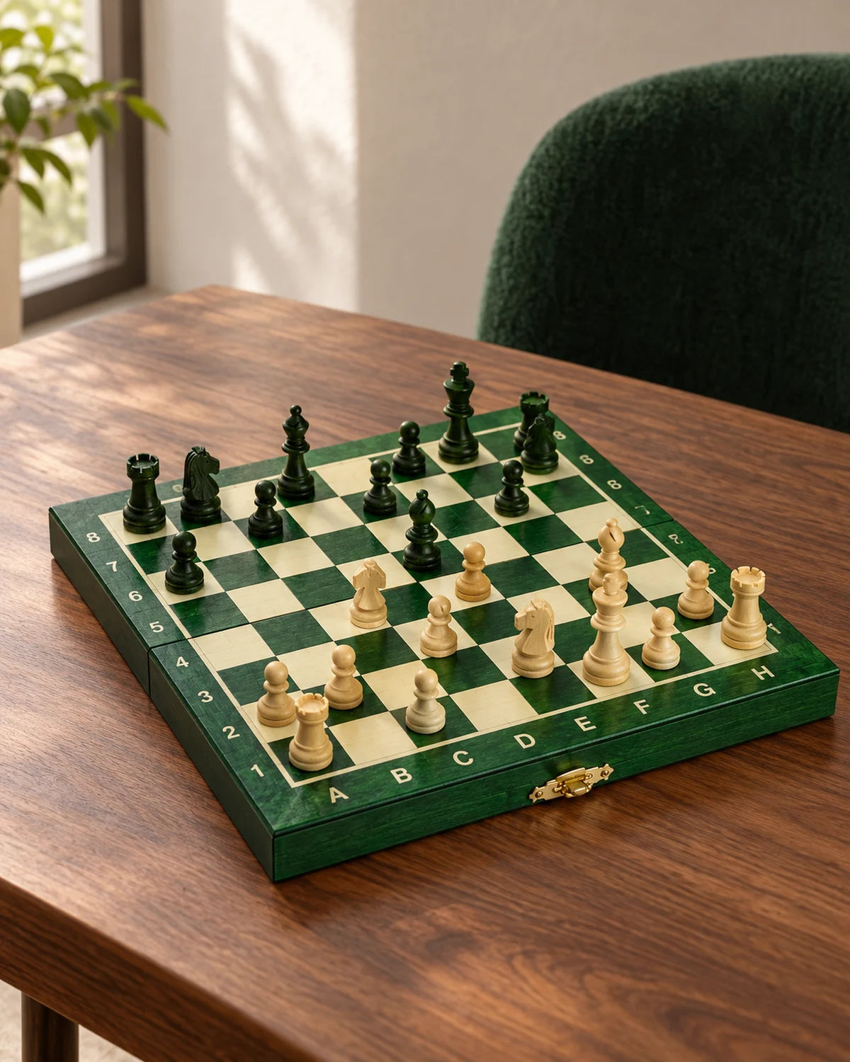 Jeu d’échecs magnétique mini 20 cm vert — mise en situation