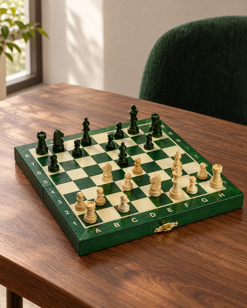 Jeu d’échecs magnétique mini 20 cm vert — mise en situation