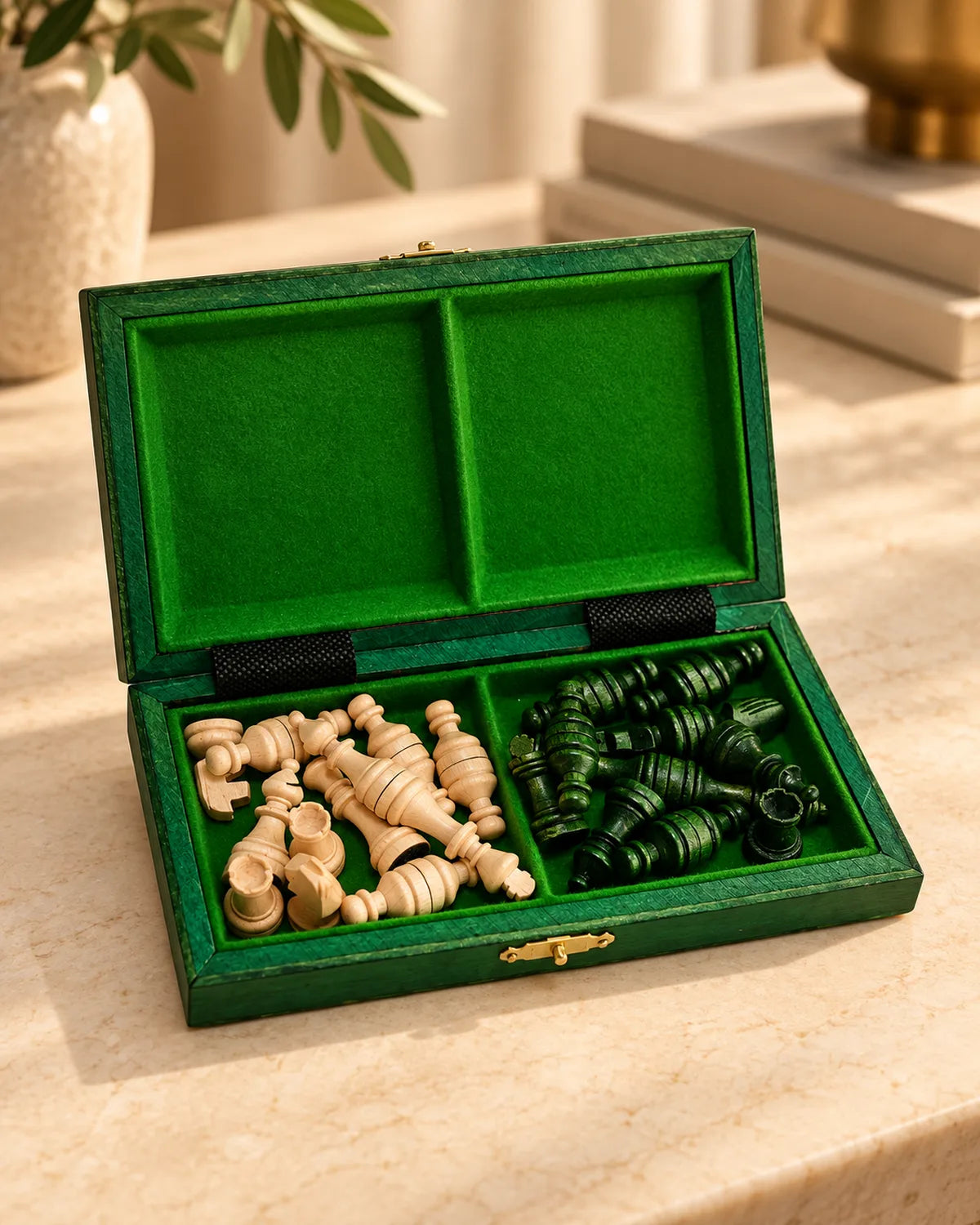 Jeu d’échecs magnétique mini 20 cm vert — rangement des pièces