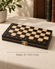 Jeu d’échecs magnétique noir 27 cm — coffret fermé, 27 × 13,5 × 4 cm