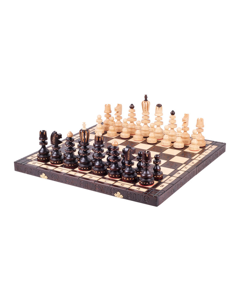 Jeu d’échecs Roman bois — plateau ouvert avec ses pièces, photo fabricant