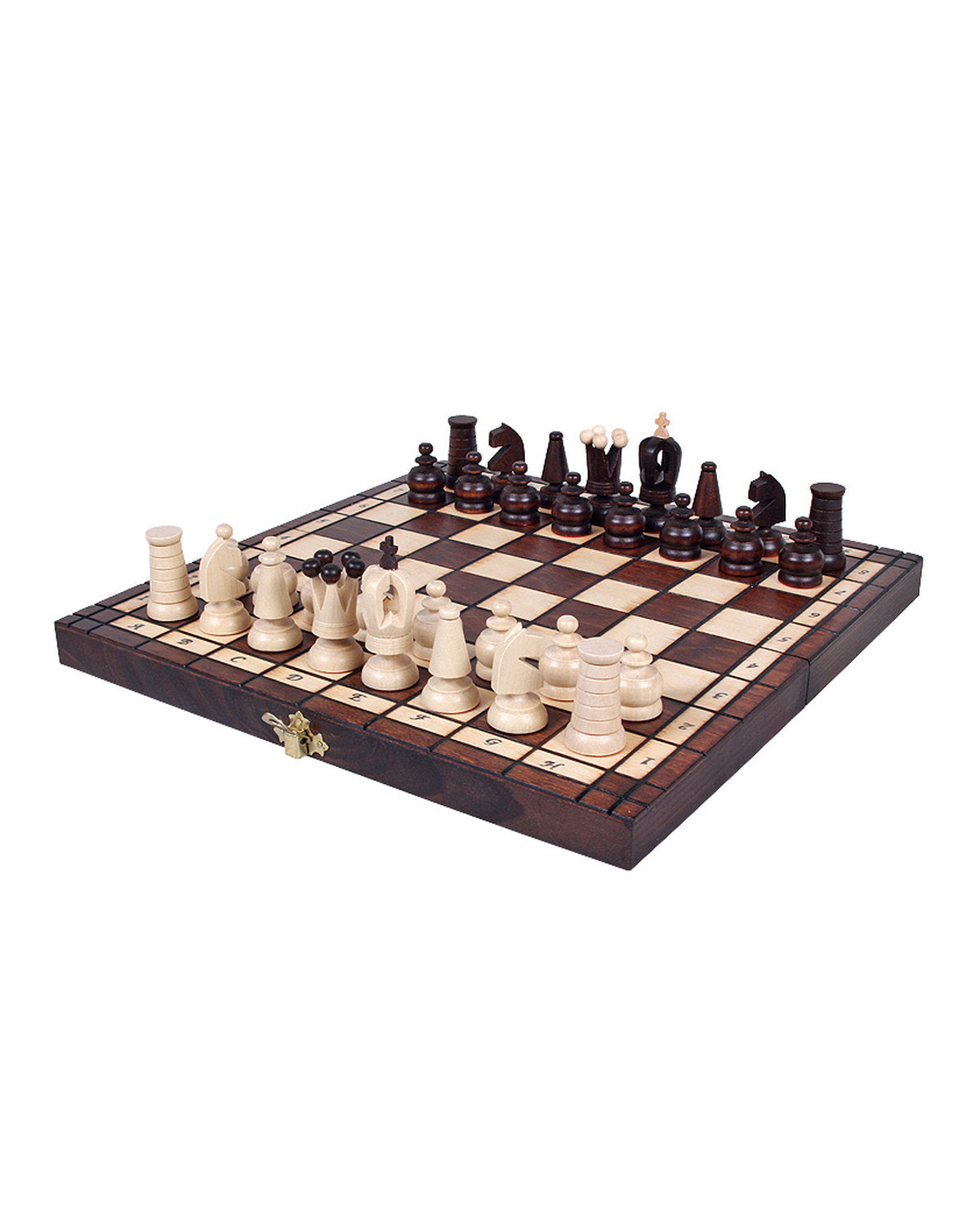 Jeu d’échecs Royal Maxi pyrogravé — plateau ouvert avec ses pièces, photo fabricant