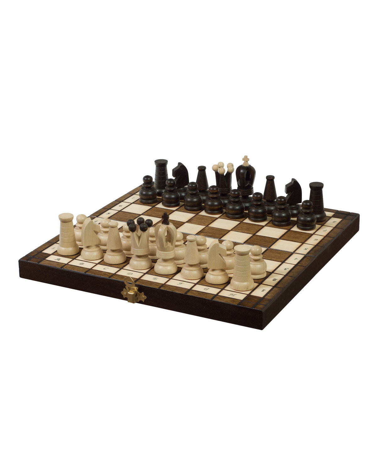 Jeu d’échecs Royal Mini en bois — plateau ouvert avec ses pièces, photo fabricant