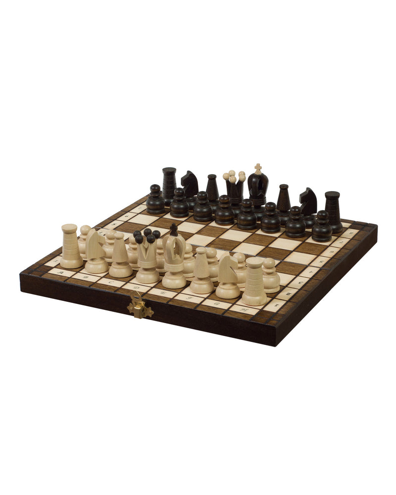 Jeu d’échecs Royal Mini en bois — plateau ouvert avec ses pièces, photo fabricant