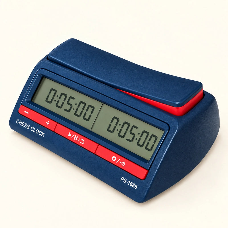 Pendule d’échecs numérique bleue — vue d’ensemble sur fond crème