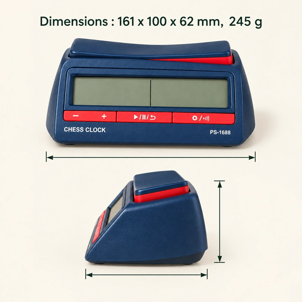 Pendule d’échecs numérique bleue — dimensions
