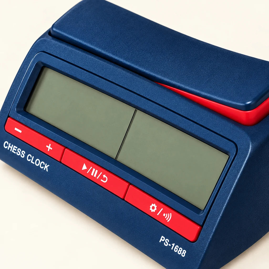 Pendule d’échecs numérique bleue — écran et boutons