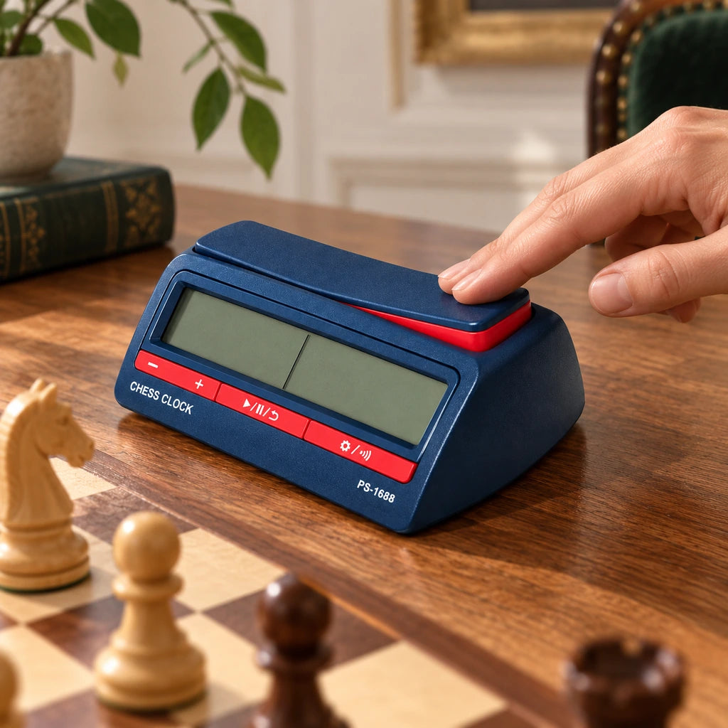 Pendule d’échecs numérique bleue — main qui appuie sur la pendule