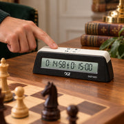 Pendule d’échecs numérique DGT 1001 noire — main qui appuie sur la pendule