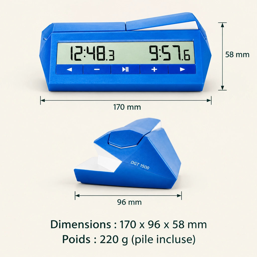 Pendule d’échecs numérique DGT 1500 bleue — dimensions